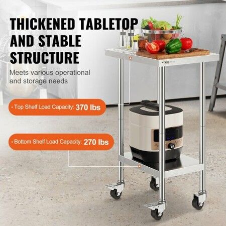 Stainless Steel Work Table 24x18x38 Inch with 4 Wheels 3 Adjustable Height Levels Heavy Duty Food Prep Worktable for Commercial Kitchen Restaurant Silver