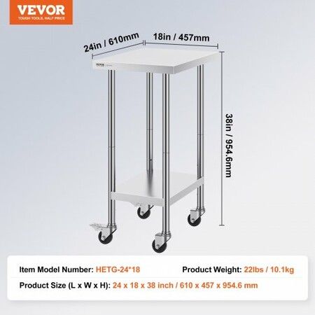 Stainless Steel Work Table 24x18x38 Inch with 4 Wheels 3 Adjustable Height Levels Heavy Duty Food Prep Worktable for Commercial Kitchen Restaurant Silver