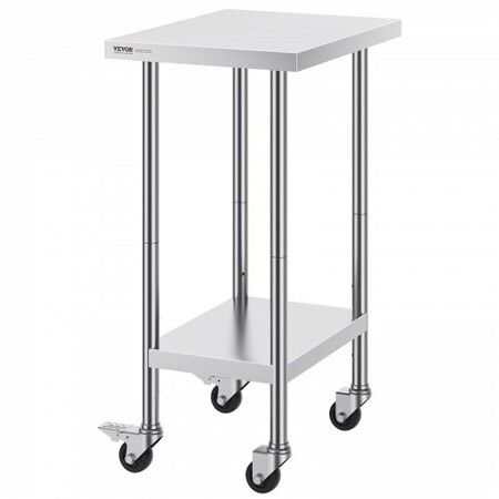 Stainless Steel Work Table 24x18x38 Inch with 4 Wheels 3 Adjustable Height Levels Heavy Duty Food Prep Worktable for Commercial Kitchen Restaurant Silver