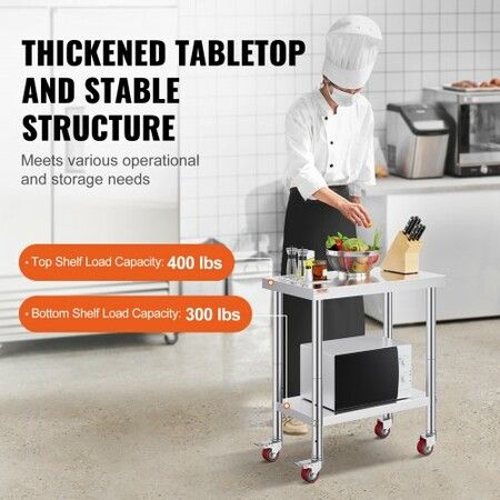 30x18x34 Inch Stainless Steel Work Table 3-Stage Adjustable Shelf with 4 Wheels Heavy Duty Commercial Food Prep Worktable with Brake for Kitchen Prep Work