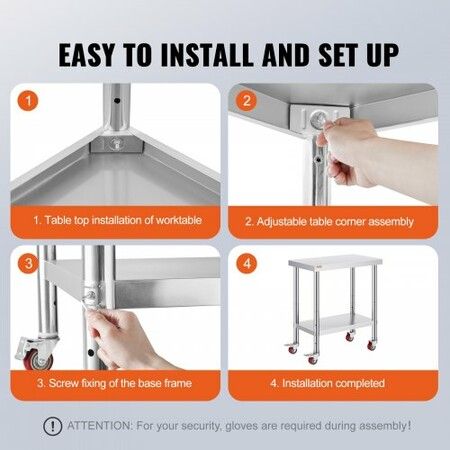 30x18x34 Inch Stainless Steel Work Table 3-Stage Adjustable Shelf with 4 Wheels Heavy Duty Commercial Food Prep Worktable with Brake for Kitchen Prep Work