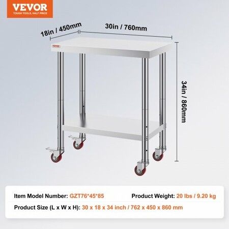 30x18x34 Inch Stainless Steel Work Table 3-Stage Adjustable Shelf with 4 Wheels Heavy Duty Commercial Food Prep Worktable with Brake for Kitchen Prep Work