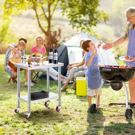 30x18x34 Inch Stainless Steel Work Table 3-Stage Adjustable Shelf with 4 Wheels Heavy Duty Commercial Food Prep Worktable with Brake for Kitchen Prep Work