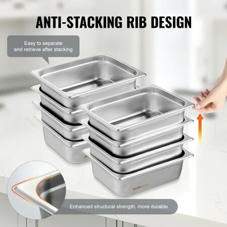 8 Pack Hotel Pans 1/2 Size Anti-Jam Steam Pan with Lid 0.8mm Thick Stainless Steel Steam Table Pan 4-Inch Deep Commercial Table Pan Catering Storage