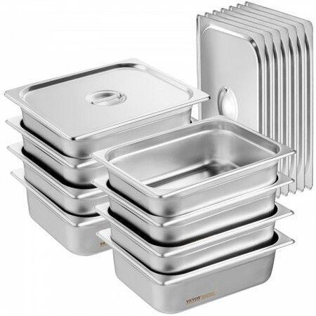 8 Pack Hotel Pans 1/2 Size Anti-Jam Steam Pan with Lid 0.8mm Thick Stainless Steel Steam Table Pan 4-Inch Deep Commercial Table Pan Catering Storage