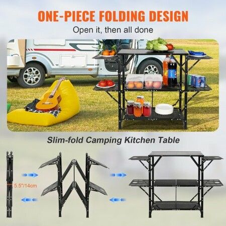 Camping Kitchen Table One-piece Folding Portable Cook Station with A Carrying Bag Aluminum Camping Table 4 Iron Side Tables & 2 Shelves Ideal for Outdoor