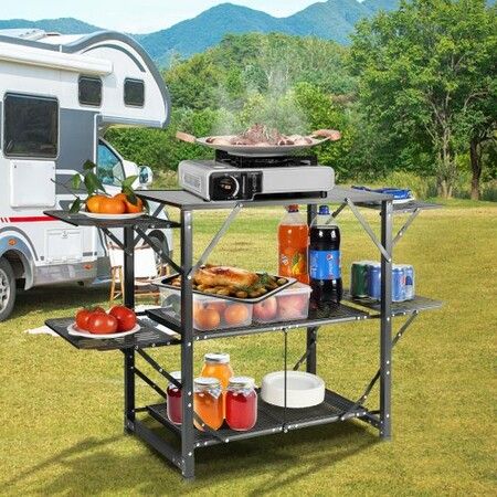 Camping Kitchen Table One-piece Folding Portable Cook Station with A Carrying Bag Aluminum Camping Table 4 Iron Side Tables & 2 Shelves Ideal for Outdoor