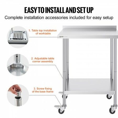 24 x 30 x 40 Inch Stainless Steel Work Table Commercial Food Prep Worktable with Casters Heavy Duty Prep Worktable Metal Work Table with Adjustable Height