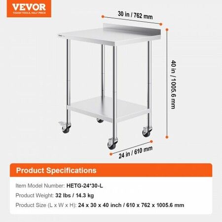 24 x 30 x 40 Inch Stainless Steel Work Table Commercial Food Prep Worktable with Casters Heavy Duty Prep Worktable Metal Work Table with Adjustable Height