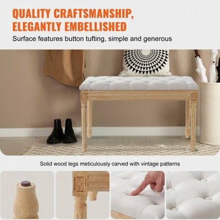 Upholstered Bench 16"W Ottoman Bench End of Bed Bench with Foam Padded Cushion and Rubberwood Legs Tufted Footrest Stool Entryway Bench for Dining Room