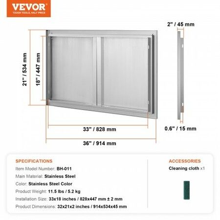 BBQ Access Door 914x534 mm Double Outdoor Kitchen Door Stainless Steel Flush Mount Door Wall Vertical Door with Recessed Handles  for BBQ Island Grilling