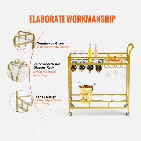 2 Tiers Gold Metal Bar Serving Cart with Wine Rack Glass Holder 120 LBS