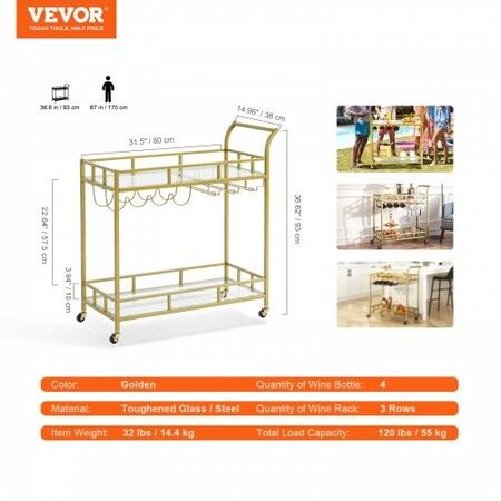 2 Tiers Gold Metal Bar Serving Cart with Wine Rack Glass Holder 120 LBS