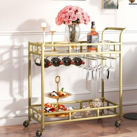 2 Tiers Gold Metal Bar Serving Cart with Wine Rack Glass Holder 120 LBS