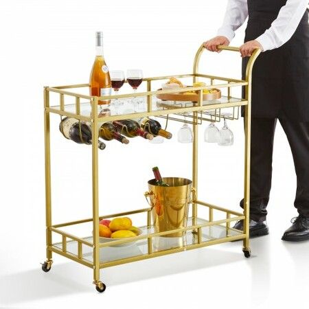 2 Tiers Gold Metal Bar Serving Cart with Wine Rack Glass Holder 120 LBS