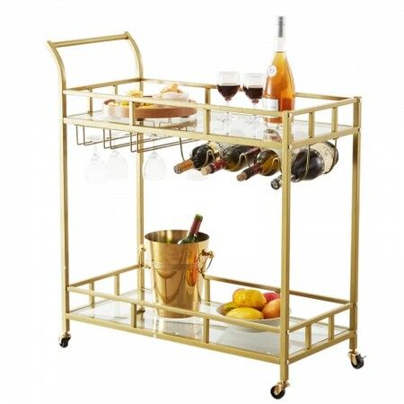 2 Tiers Gold Metal Bar Serving Cart with Wine Rack Glass Holder 120 LBS