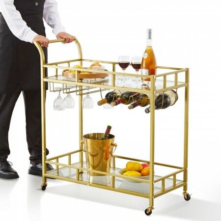 2 Tiers Gold Metal Bar Serving Cart with Wine Rack Glass Holder 120 LBS