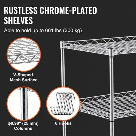 Kitchen Utility Cart 3 Tiers Wire Rolling Cart with 300kg Capacity Steel Service Cart on Wheels Metal Storage Trolley with 80mm Deep Basket Curved Handle