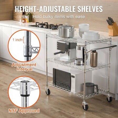 Kitchen Utility Cart 3 Tiers Wire Rolling Cart with 300kg Capacity Steel Service Cart on Wheels Metal Storage Trolley with 80mm Deep Basket Curved Handle