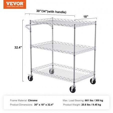 Kitchen Utility Cart 3 Tiers Wire Rolling Cart with 300kg Capacity Steel Service Cart on Wheels Metal Storage Trolley with 80mm Deep Basket Curved Handle