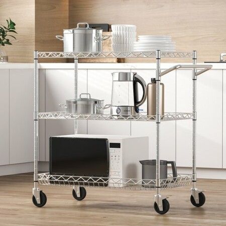 Kitchen Utility Cart 3 Tiers Wire Rolling Cart with 300kg Capacity Steel Service Cart on Wheels Metal Storage Trolley with 80mm Deep Basket Curved Handle