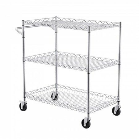 Kitchen Utility Cart 3 Tiers Wire Rolling Cart with 300kg Capacity Steel Service Cart on Wheels Metal Storage Trolley with 80mm Deep Basket Curved Handle