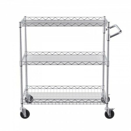 Kitchen Utility Cart 3 Tiers Wire Rolling Cart with 300kg Capacity Steel Service Cart on Wheels Metal Storage Trolley with 80mm Deep Basket Curved Handle