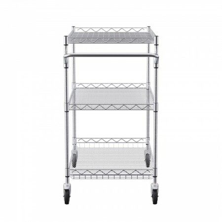 Kitchen Utility Cart 3 Tiers Wire Rolling Cart with 300kg Capacity Steel Service Cart on Wheels Metal Storage Trolley with 80mm Deep Basket Curved Handle