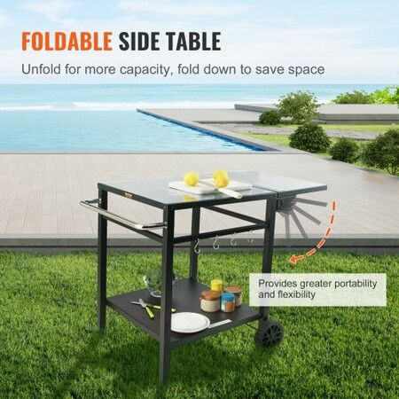 Outdoor Grill Dining Cart with Double-Shelf 55*55cm BBQ Movable Food Prep Table Multifunctional Foldable Iron Table Top Portable Modular Carts for Pizza