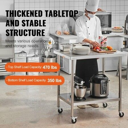 Stainless Steel Work Table 30 x 18 x 38 Inch with 4 Wheels 3 Adjustable Height Levels Heavy Duty Food Prep Worktable for Commercial Kitchen