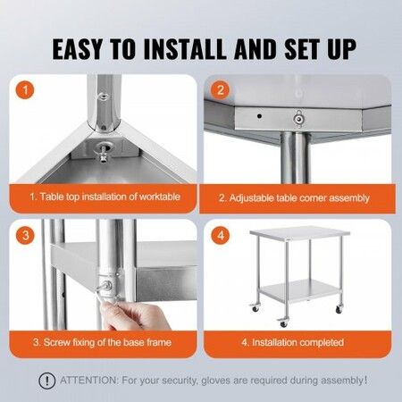 Stainless Steel Work Table 30 x 18 x 38 Inch with 4 Wheels 3 Adjustable Height Levels Heavy Duty Food Prep Worktable for Commercial Kitchen