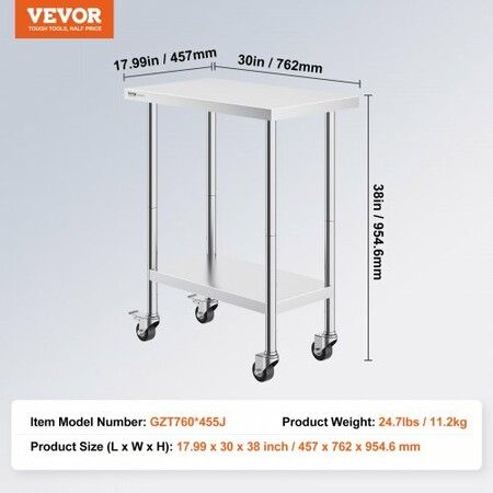 Stainless Steel Work Table 30 x 18 x 38 Inch with 4 Wheels 3 Adjustable Height Levels Heavy Duty Food Prep Worktable for Commercial Kitchen