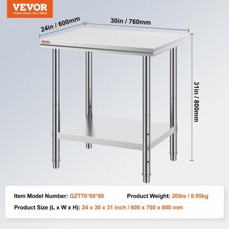 Commercial Worktable & Workstation 24 x 30 x 32 Inch Stainless Steel Work Table Heavy Duty Commercial Food Prep Work Table for Home Kitchen Restaurant