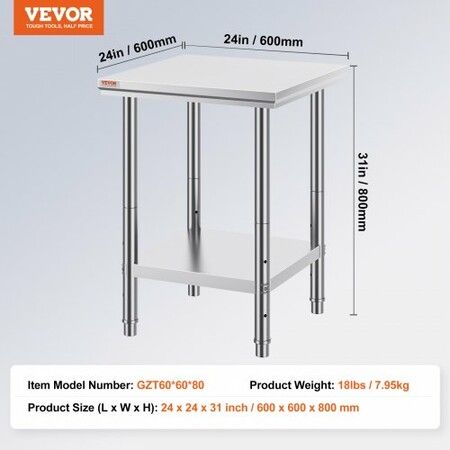 Non-magnetic Stainless Steel 610x610mm Commercial Kitchen cooking Table 50mm Table Thickness For Commercial Office Public And Home Use