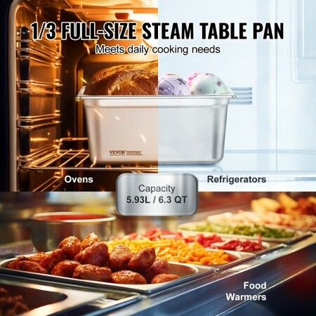 8 Pack Hotel Pans 1/3 Size Anti-Jam Steam Pan with Lid 0.8mm Thick Stainless Steel Steam Table Pan 6-Inch Deep Commercial Table Pan Catering Storage