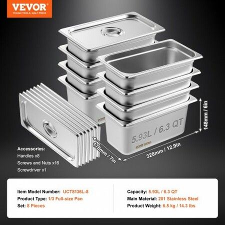 8 Pack Hotel Pans 1/3 Size Anti-Jam Steam Pan with Lid 0.8mm Thick Stainless Steel Steam Table Pan 6-Inch Deep Commercial Table Pan Catering Storage