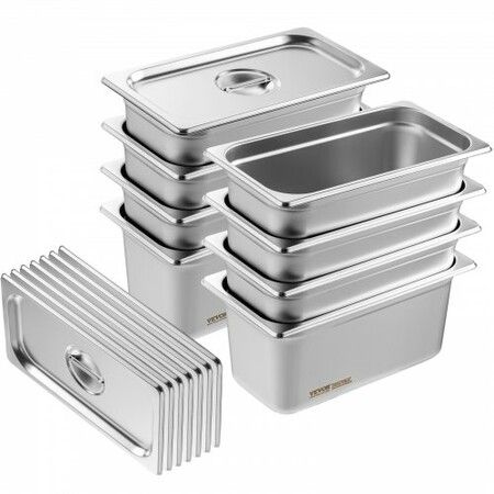 8 Pack Hotel Pans 1/3 Size Anti-Jam Steam Pan with Lid 0.8mm Thick Stainless Steel Steam Table Pan 6-Inch Deep Commercial Table Pan Catering Storage