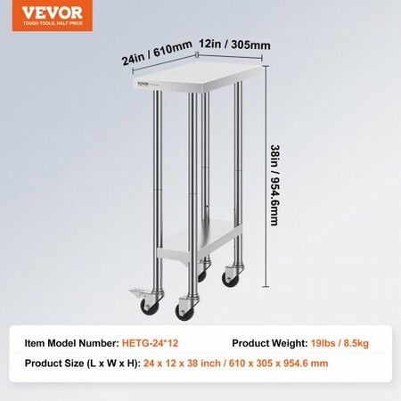 Stainless Steel Work Table 24x12x38 Inch with 4 Wheels 3 Adjustable Height Levels Heavy Duty Food Prep Worktable for Commercial Kitchen Restaurant Silver