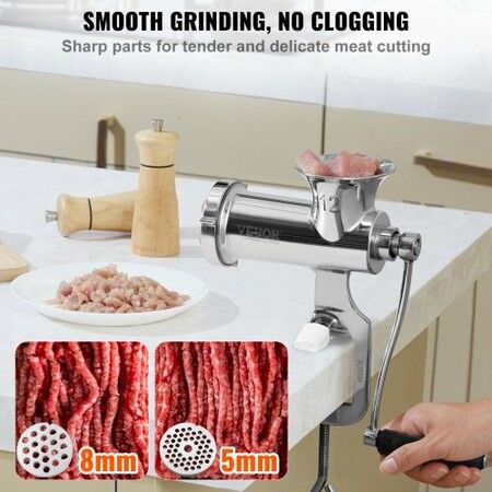 Manual Meat Grinder 304 Stainless Steel Hand Meat Grinder w/ Steel Table Clamp Meat Mincer Sausage Maker & 2 Cutting Plates Cookie Attachment Sausage Tube