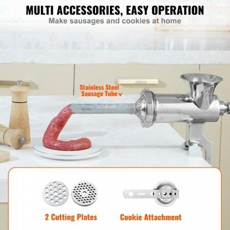 Manual Meat Grinder 304 Stainless Steel Hand Meat Grinder w/ Steel Table Clamp Meat Mincer Sausage Maker & 2 Cutting Plates Cookie Attachment Sausage Tube