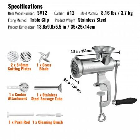 Manual Meat Grinder 304 Stainless Steel Hand Meat Grinder w/ Steel Table Clamp Meat Mincer Sausage Maker & 2 Cutting Plates Cookie Attachment Sausage Tube