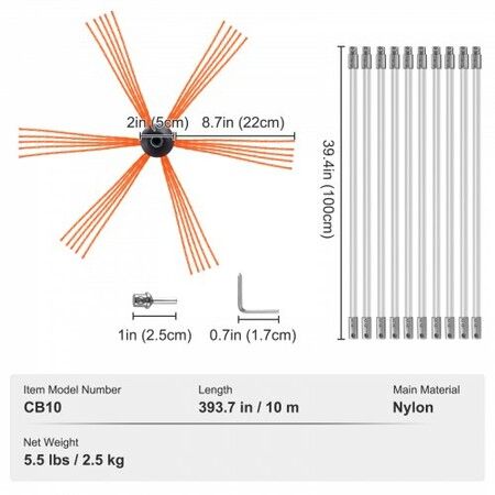 10m Chimney Sweep Kit w/ 10 Reinforced Nylon Flexible Rods Ergonomic Chimney Cleaning Brush 360-Degree Brush Chimney Cleaner Rich Accessories for Fireplace