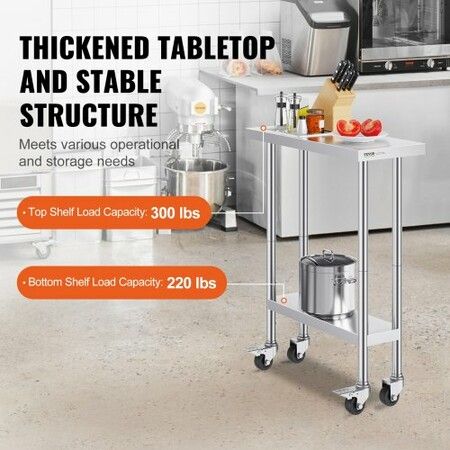 Stainless Steel Work Table 30 x 12 x 38 Inch with 4 Wheels 3 Adjustable Height Levels Heavy Duty Food Prep Worktable for Commercial Kitchen Restaurant