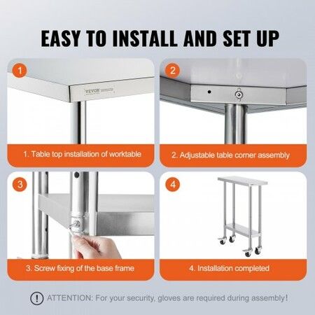 Stainless Steel Work Table 30 x 12 x 38 Inch with 4 Wheels 3 Adjustable Height Levels Heavy Duty Food Prep Worktable for Commercial Kitchen Restaurant