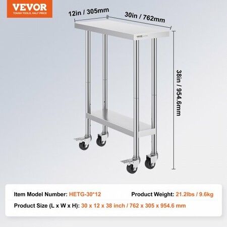 Stainless Steel Work Table 30 x 12 x 38 Inch with 4 Wheels 3 Adjustable Height Levels Heavy Duty Food Prep Worktable for Commercial Kitchen Restaurant