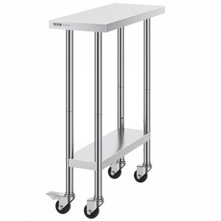 Stainless Steel Work Table 30 x 12 x 38 Inch with 4 Wheels 3 Adjustable Height Levels Heavy Duty Food Prep Worktable for Commercial Kitchen Restaurant