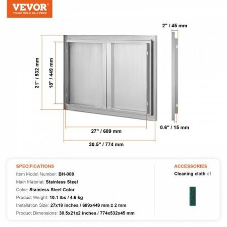 BBQ Access Door 774x532 mm Double Outdoor Kitchen Door Stainless Steel Flush Mount Door Wall Vertical Door with Recessed Handles  for BBQ Island Grilling