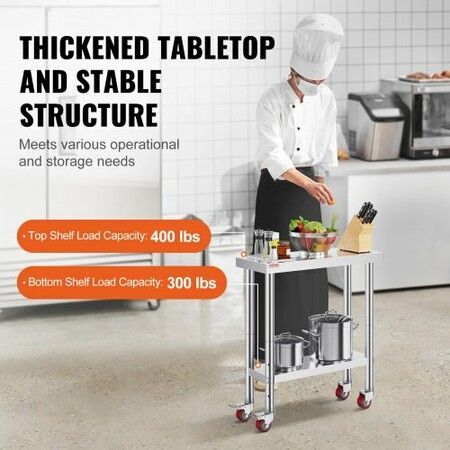 30x12x34 Inch Stainless Steel Work Table 3-Stage Adjustable Shelf with 4 Wheels Heavy Duty Commercial Food Prep Worktable with Brake for Kitchen Prep Work