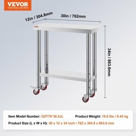 30x12x34 Inch Stainless Steel Work Table 3-Stage Adjustable Shelf with 4 Wheels Heavy Duty Commercial Food Prep Worktable with Brake for Kitchen Prep Work