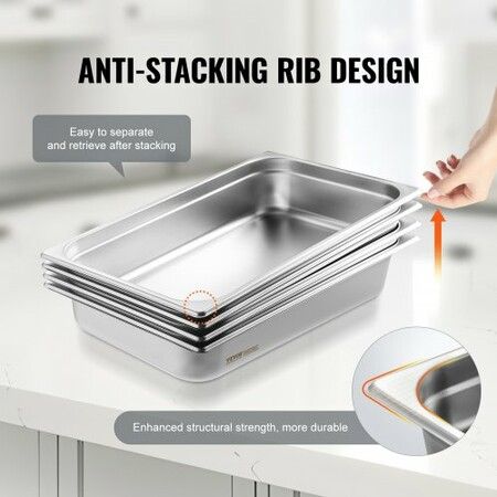 4 Pack Hotel Pans Full Size Anti-Jam Steam Pan with Lid 0.8mm Thick Stainless Steel Steam Table Pan 4-Inch Deep Commercial Table Pan Catering Storage